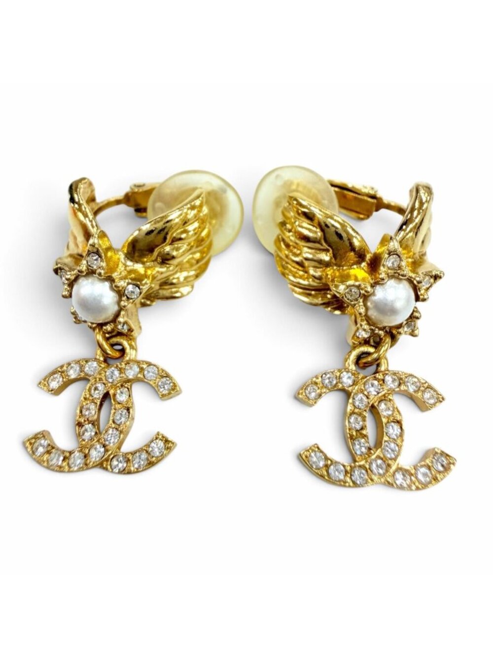 Chanel CC Logo Star Eco Pearl Rhinestone Earrings Gold